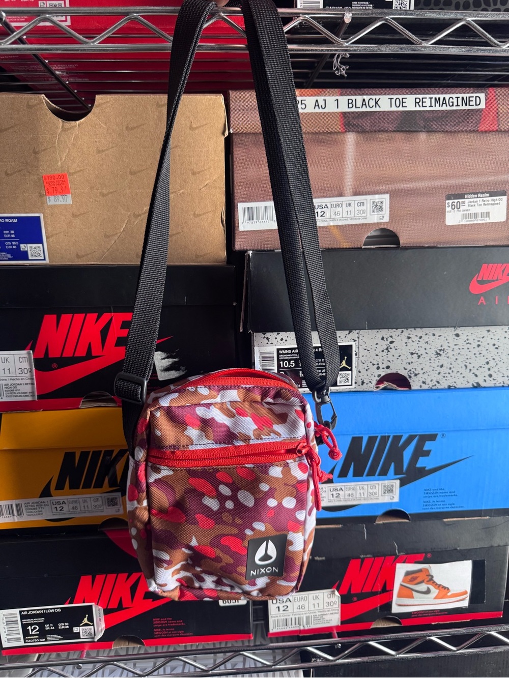 Nixon Red Camo Mini Crossbody Bag with Black Strap